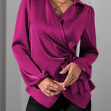 Satin Wrap Blouse with Tie Waist and V-Neck
