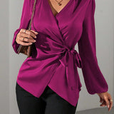 Satin Wrap Blouse with Tie Waist and V-Neck