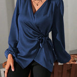 Satin Wrap Blouse with Tie Waist and V-Neck