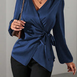 Satin Wrap Blouse with Tie Waist and V-Neck