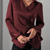 Satin Wrap Blouse with Tie Waist and V-Neck