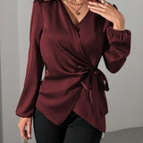 Satin Wrap Blouse with Tie Waist and V-Neck