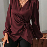 Satin Wrap Blouse with Tie Waist and V-Neck