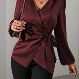 Satin Wrap Blouse with Tie Waist and V-Neck