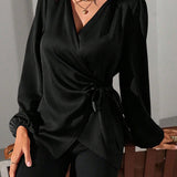 Satin Wrap Blouse with Tie Waist and V-Neck