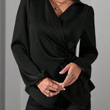 Satin Wrap Blouse with Tie Waist and V-Neck