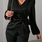 Satin Wrap Blouse with Tie Waist and V-Neck