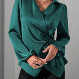 Satin Wrap Blouse with Tie Waist and V-Neck