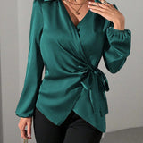 Satin Wrap Blouse with Tie Waist and V-Neck