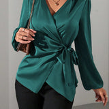 Satin Wrap Blouse with Tie Waist and V-Neck