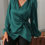 Satin Wrap Blouse with Tie Waist and V-Neck