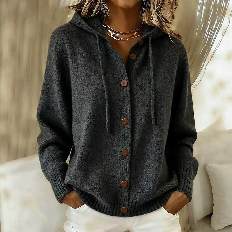 Women's Hooded Cardigan with Button Front and Drawstring Detail