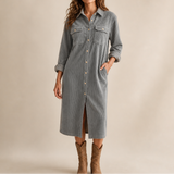 Corduroy Shirt Midi Dress with Button Front and Flap Pockets