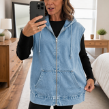 Denim Hooded Vest with Zip Front and Pockets