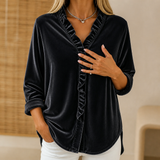 Velvet Blouse with Ruffle Trim and V-Neck