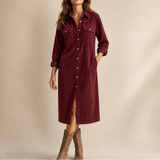 Corduroy Shirt Midi Dress with Button Front and Flap Pockets