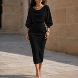 Midi Skirt Set with Cowl Neck Top and Batwing Sleeves
