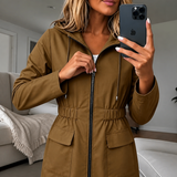 Drawstring Hooded Jacket with Flap Pockets and Cinched Waist
