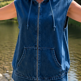 Denim Hooded Vest with Zip Front and Pockets