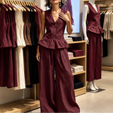 Wide-Leg Pants Set with V-Neck Top and Ruffle Hem