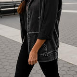 Denim Hooded Vest with Zip Front and Pockets