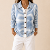 Striped Cardigan with Collar and Button-Front