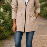 Drawstring Hooded Jacket with Flap Pockets and Cinched Waist