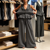 Wide-Leg Pants Set with V-Neck Top and Ruffle Hem