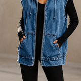 Denim Hooded Vest with Zip Front and Pockets