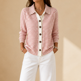 Striped Cardigan with Collar and Button-Front