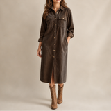 Corduroy Shirt Midi Dress with Button Front and Flap Pockets