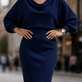 Midi Skirt Set with Cowl Neck Top and Batwing Sleeves