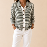 Striped Cardigan with Collar and Button-Front