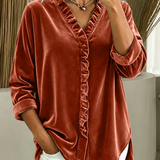 Velvet Blouse with Ruffle Trim and V-Neck
