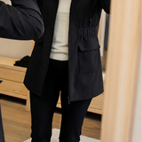 Drawstring Hooded Jacket with Flap Pockets and Cinched Waist