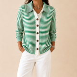 Striped Cardigan with Collar and Button-Front