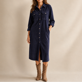 Corduroy Shirt Midi Dress with Button Front and Flap Pockets