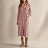 Corduroy Shirt Midi Dress with Button Front and Flap Pockets