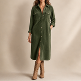 Corduroy Shirt Midi Dress with Button Front and Flap Pockets