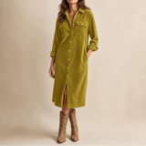 Corduroy Shirt Midi Dress with Button Front and Flap Pockets