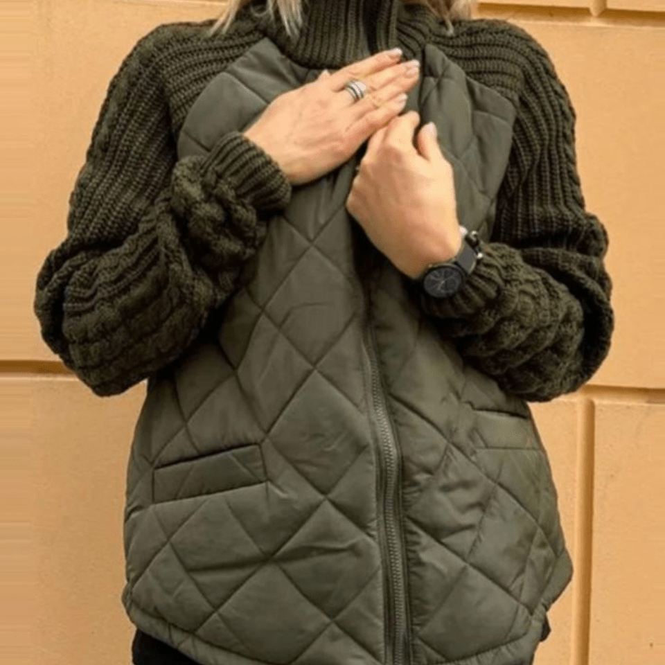 Diamond Quilted Jacket with Cable Knit Sleeves and Zip Front