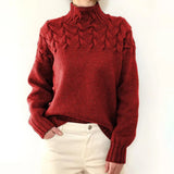 Women's Turtleneck Knit Sweater with Cable Knit Detail and Long Sleeves