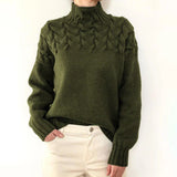 Women's Turtleneck Knit Sweater with Cable Knit Detail and Long Sleeves