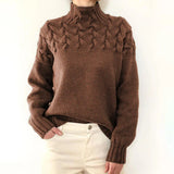 Women's Turtleneck Knit Sweater with Cable Knit Detail and Long Sleeves
