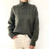 Women's Turtleneck Knit Sweater with Cable Knit Detail and Long Sleeves