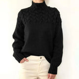 Women's Turtleneck Knit Sweater with Cable Knit Detail and Long Sleeves