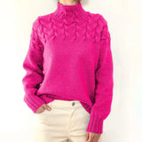 Women's Turtleneck Knit Sweater with Cable Knit Detail and Long Sleeves