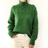 Women's Turtleneck Knit Sweater with Cable Knit Detail and Long Sleeves
