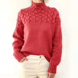 Women's Turtleneck Knit Sweater with Cable Knit Detail and Long Sleeves