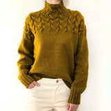 Women's Turtleneck Knit Sweater with Cable Knit Detail and Long Sleeves
